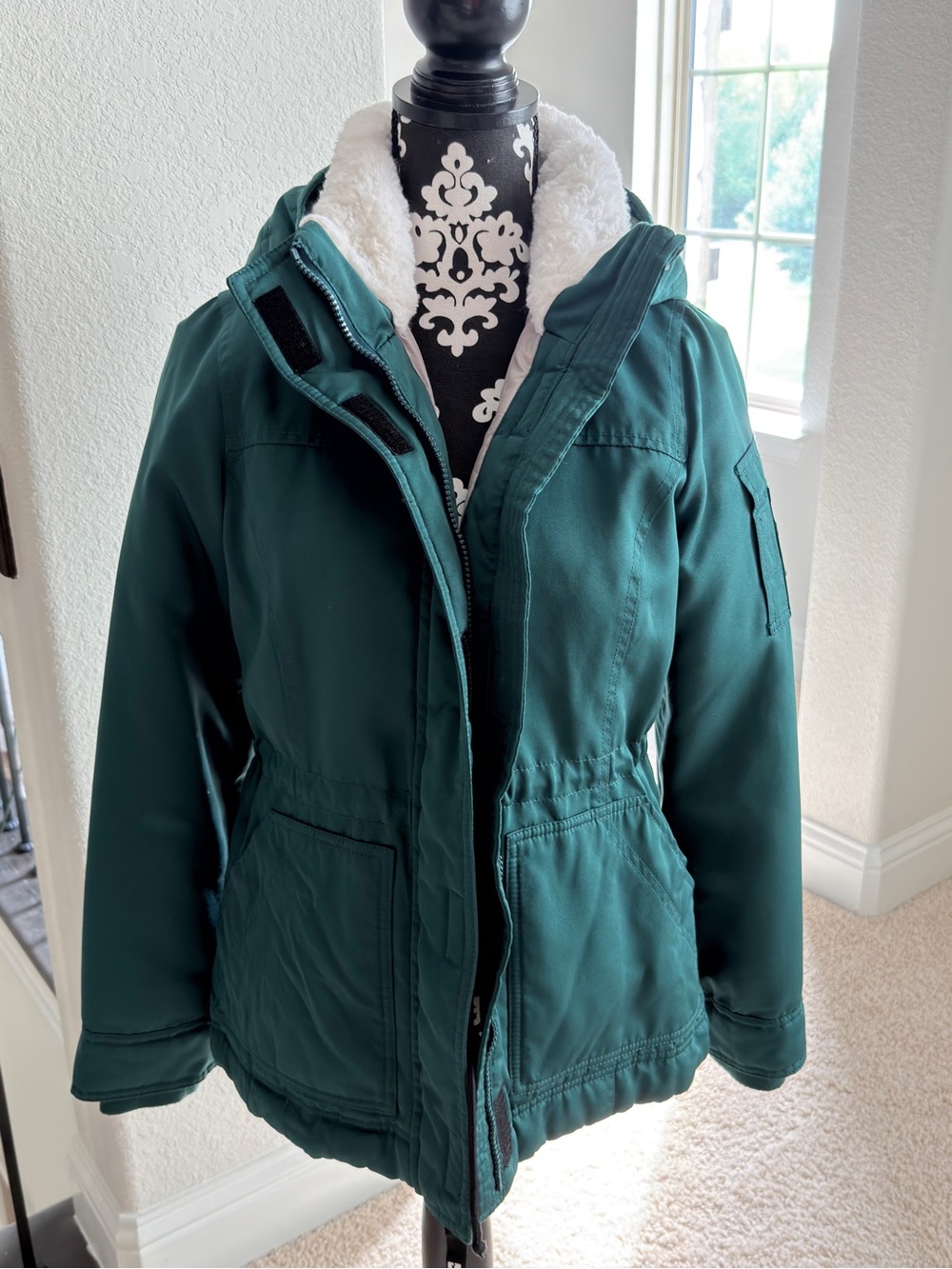 Hollister Dark Green Puffer Jacket with White Sherpa Lining